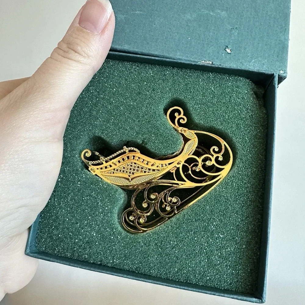 VTG Christmas Ornament Baldwin Brass Victorian Sleigh 24K‎ Gold Plate Boxed